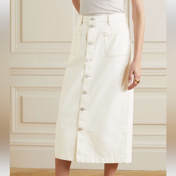 FRAME Le Bardot Midi Skirt W/ Button Front Closure Ecru Denim Size 23 Resortwear - Picture 8 of 12